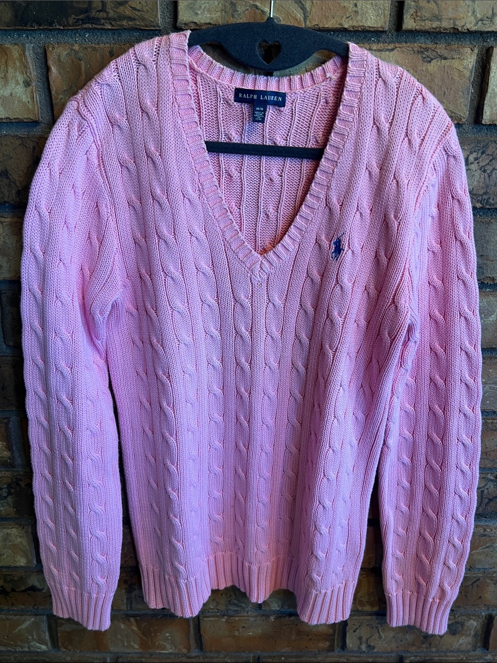 Ralph Lauren Pink Cable-Knit V-Neck Sweater with Blue Pony - Picture 2 of 5